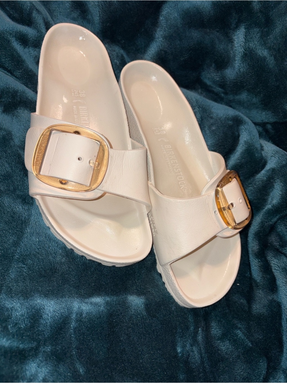 Birkenstock White Slide Sandals with Gold Buckle